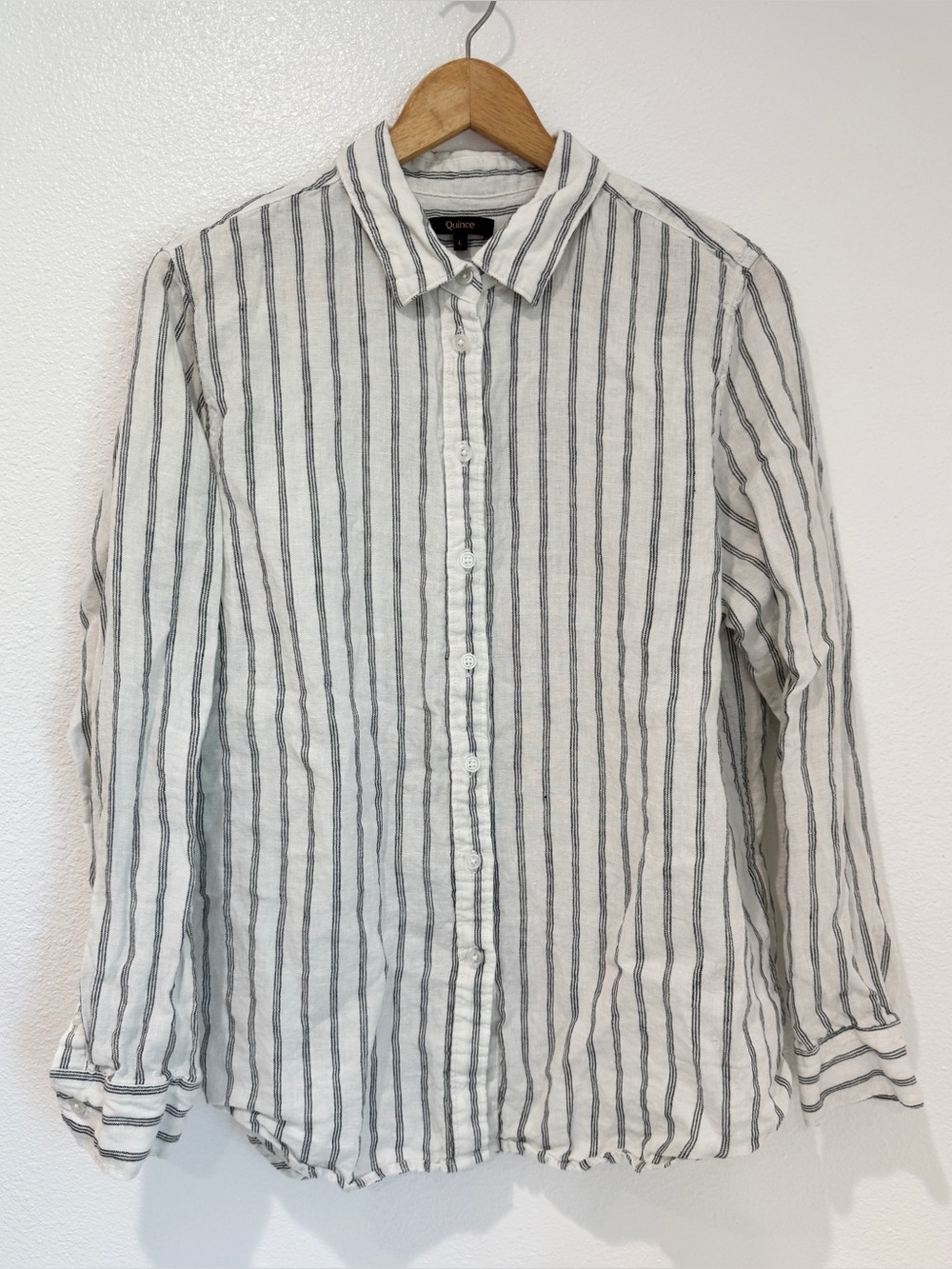 Quince European Linen Button Up Shirt White Black Stripe Coastal Grandmother L